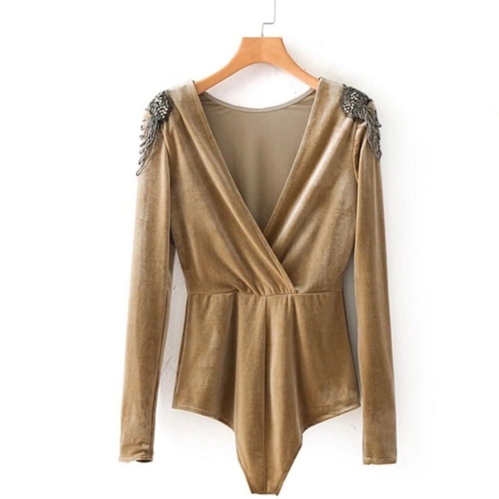 Elegant Beaded Velvet Long Sleeve Bodysuit